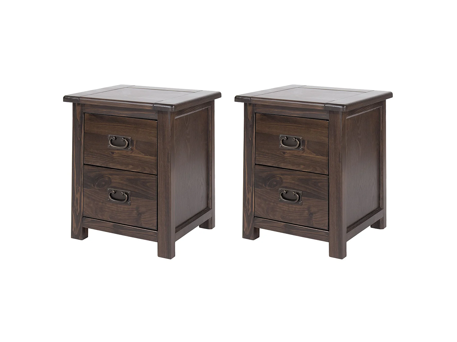 Pair of Boston Rustic 2-Drawer Spacious Bedside Cabinet, Brown Lacquer, Set of 2