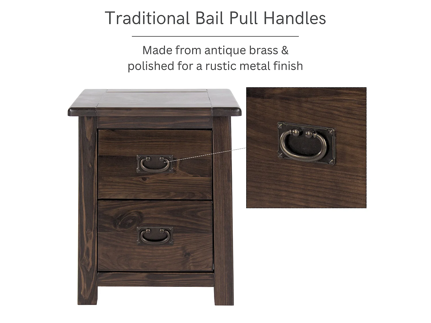 Pair of Boston Rustic 2-Drawer Spacious Bedside Cabinet, Brown Lacquer, Set of 2