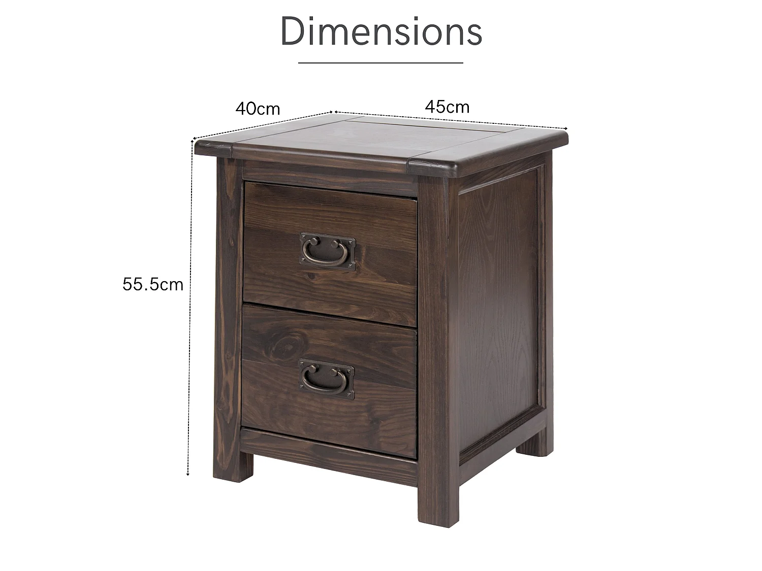 Pair of Boston Rustic 2-Drawer Spacious Bedside Cabinet, Brown Lacquer, Set of 2
