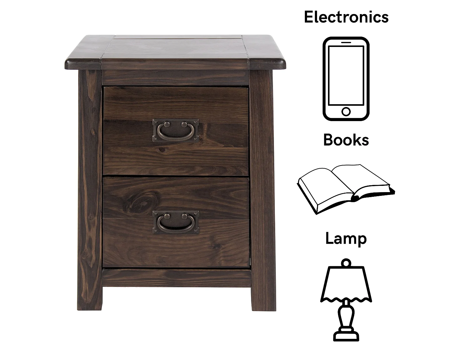 Pair of Boston Rustic 2-Drawer Spacious Bedside Cabinet, Brown Lacquer, Set of 2