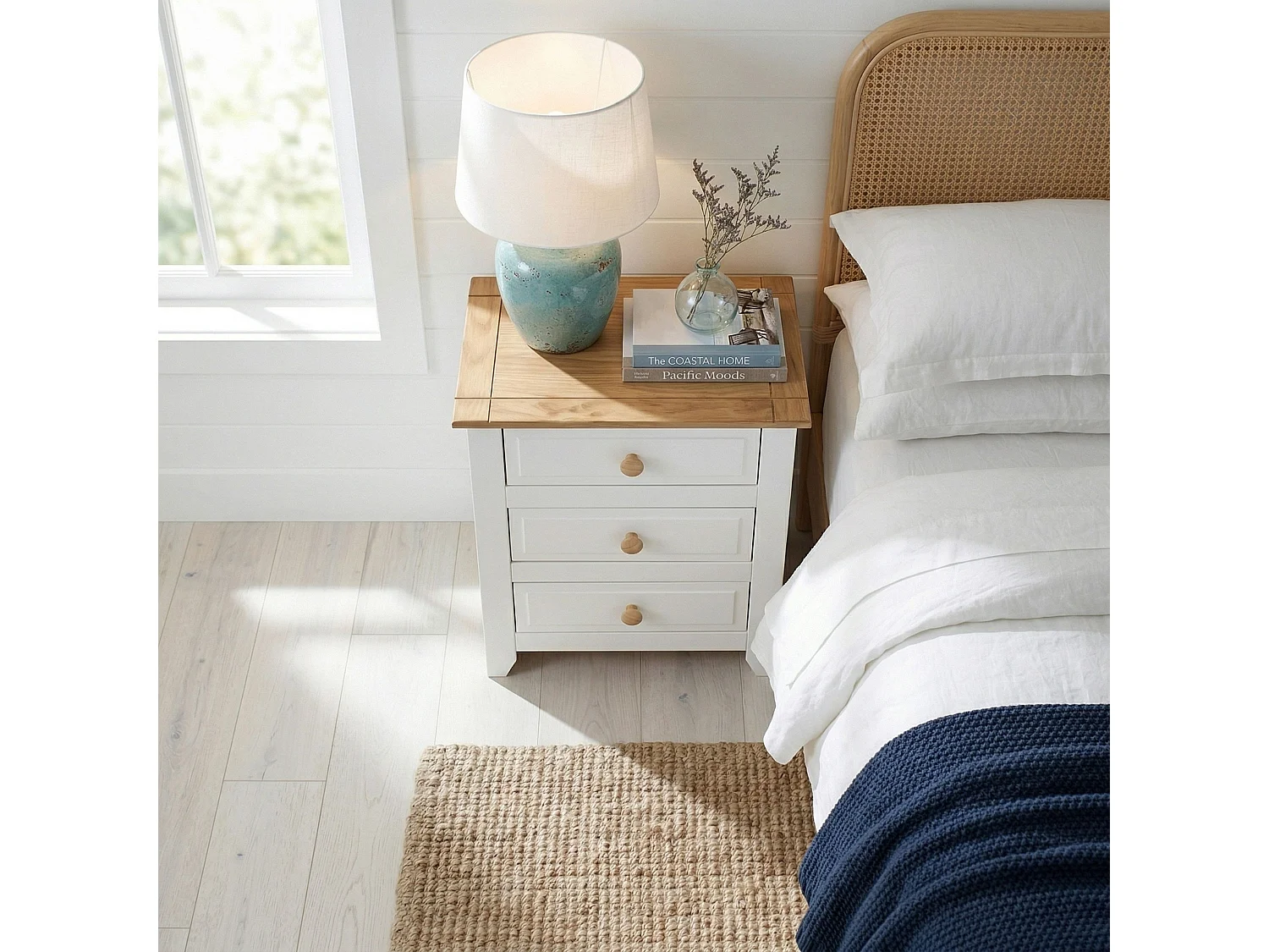 Capri Coastal 3-Drawer Bedside Cabinet, White Finish