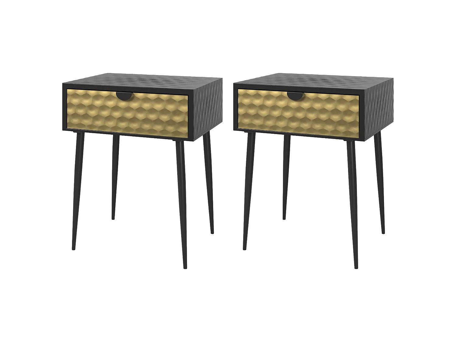 Pair of Jupiter Metal 1 Drawer Bedside Cabinets, Gold Drawers with Black Handles and Legs