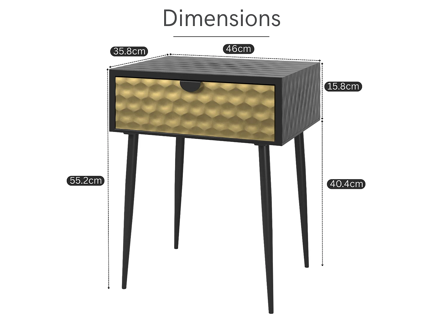 Pair of Jupiter Metal 1 Drawer Bedside Cabinets, Gold Drawers with Black Handles and Legs