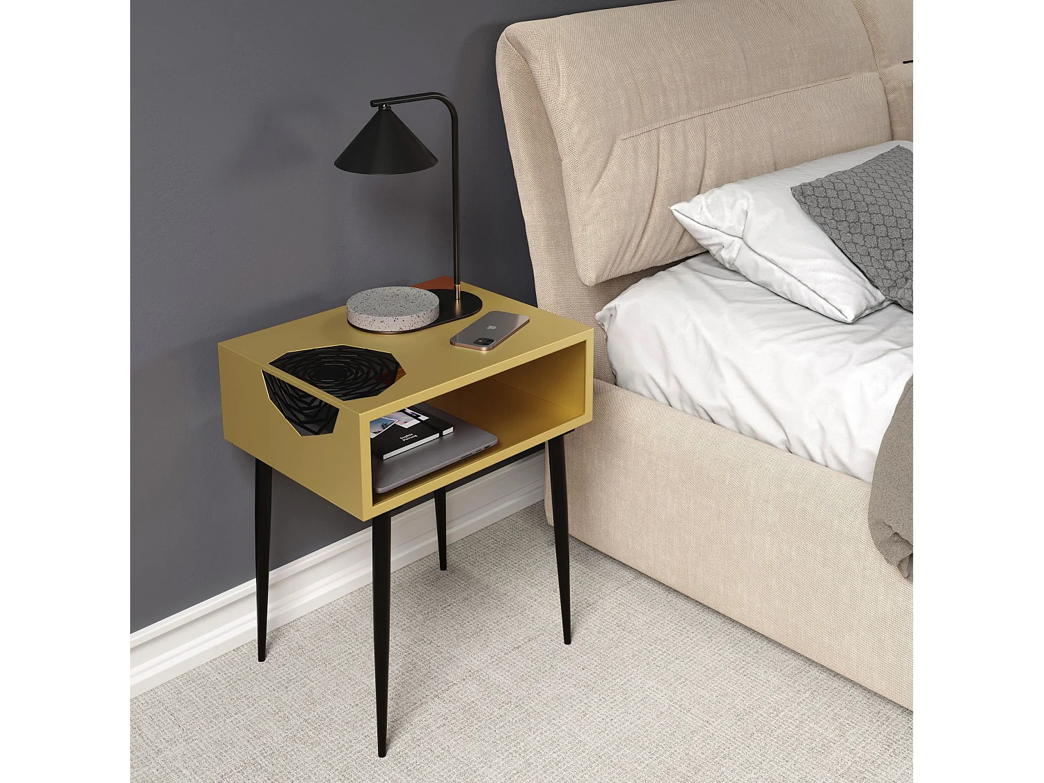 Pair of Galaxy Metal Bedside Tables, Gold with Black Legs, Set Of 2