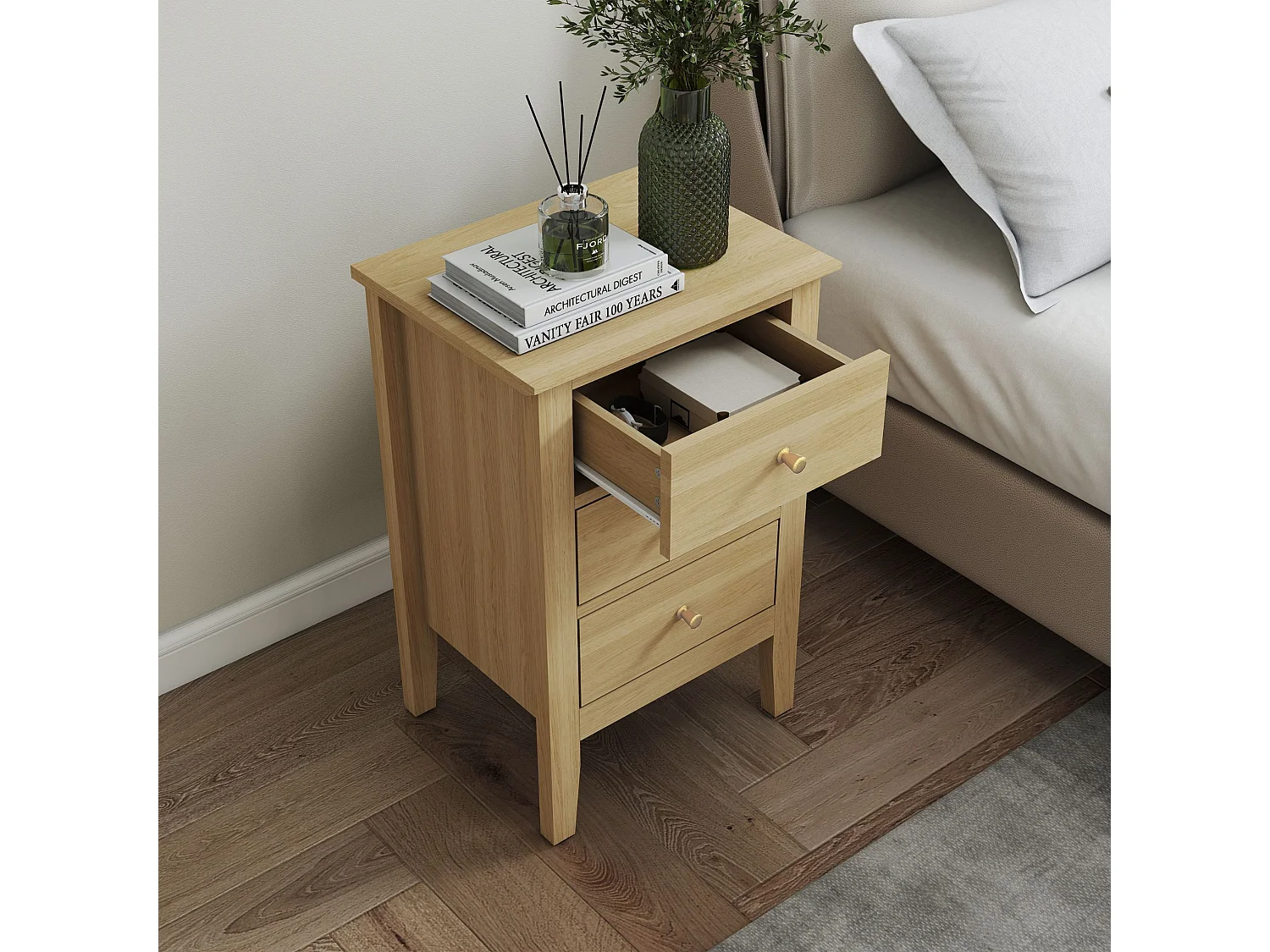 Pair of Henley Premium 3-Drawer Bedside Cabinet, Golden-Oak Finish with Metal Hardware, Set of 2