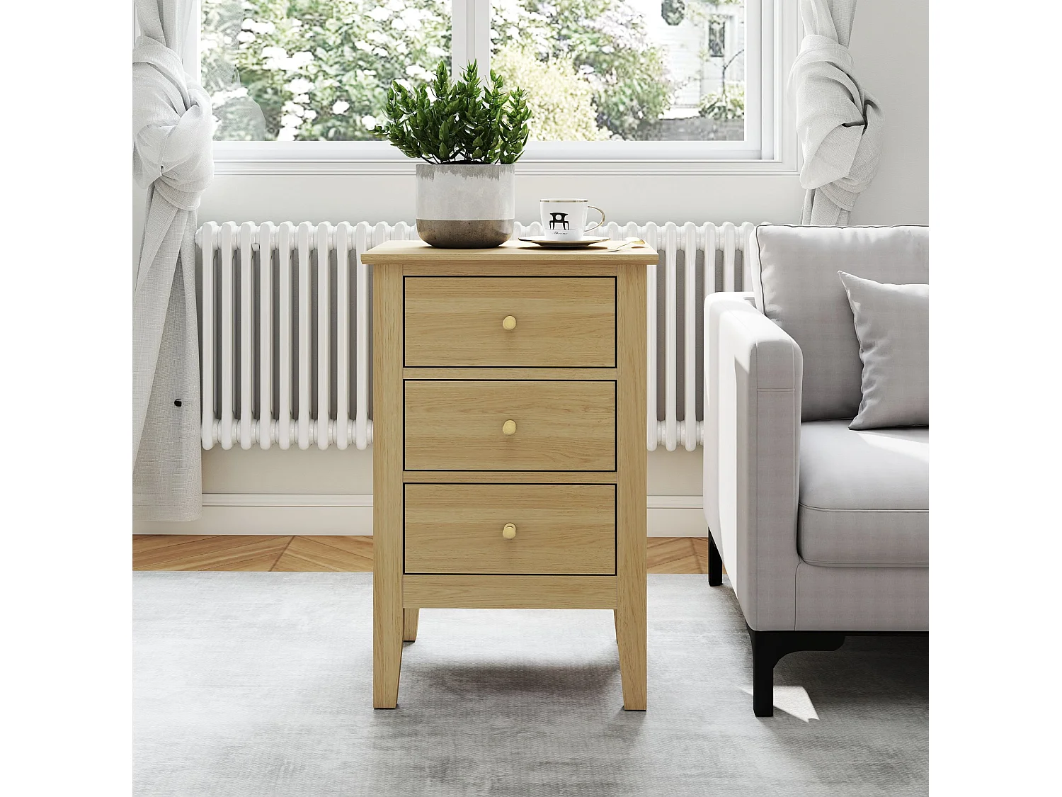 Pair of Henley Premium 3-Drawer Bedside Cabinet, Golden-Oak Finish with Metal Hardware, Set of 2