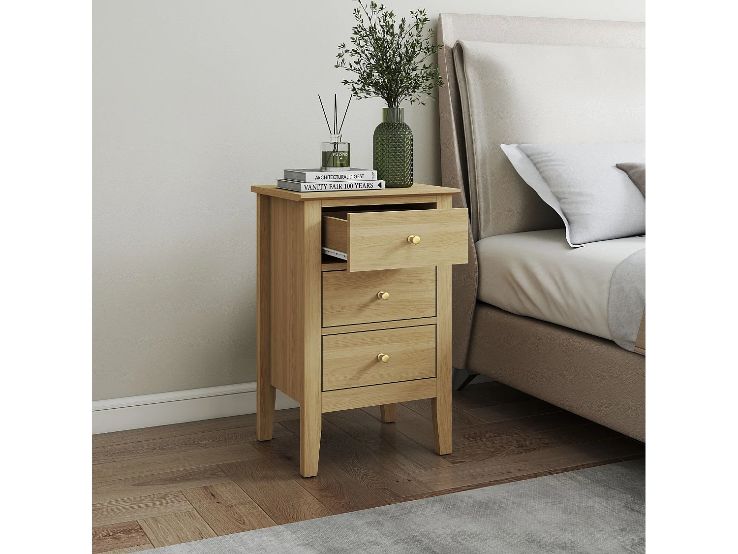 Pair of Henley Premium 3-Drawer Bedside Cabinet, Golden-Oak Finish with Metal Hardware, Set of 2