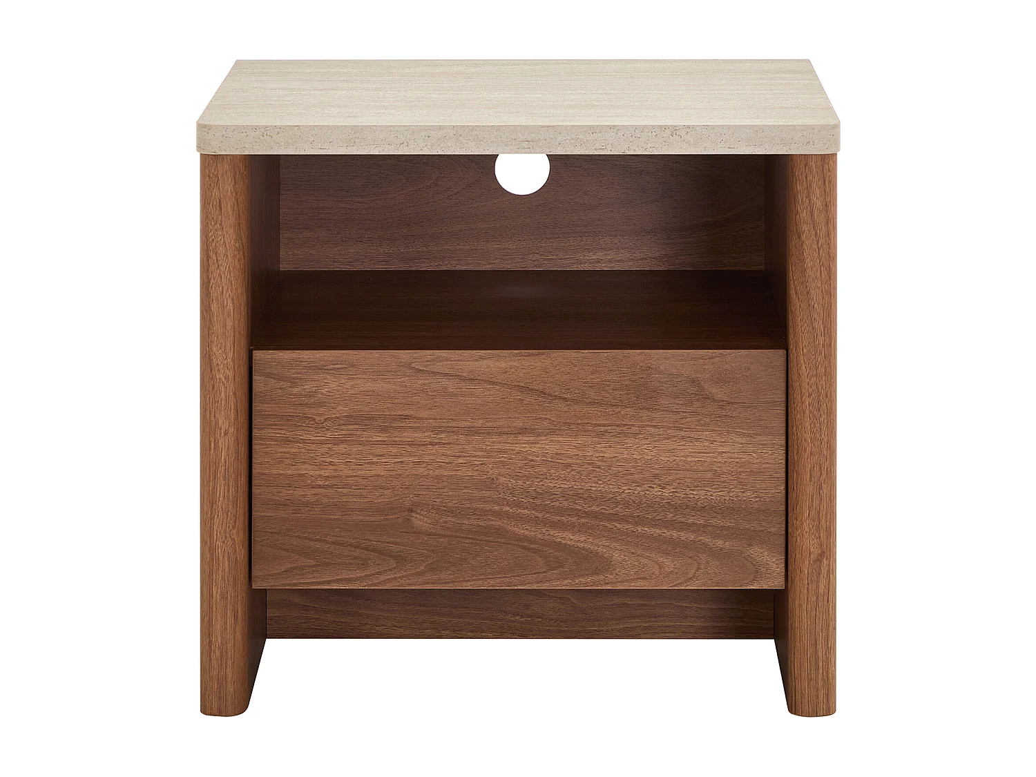 Lot de 2 tables de chevet 1 tiroir et 1 niche - Naturel foncé et effet travertin beige - MODARYO