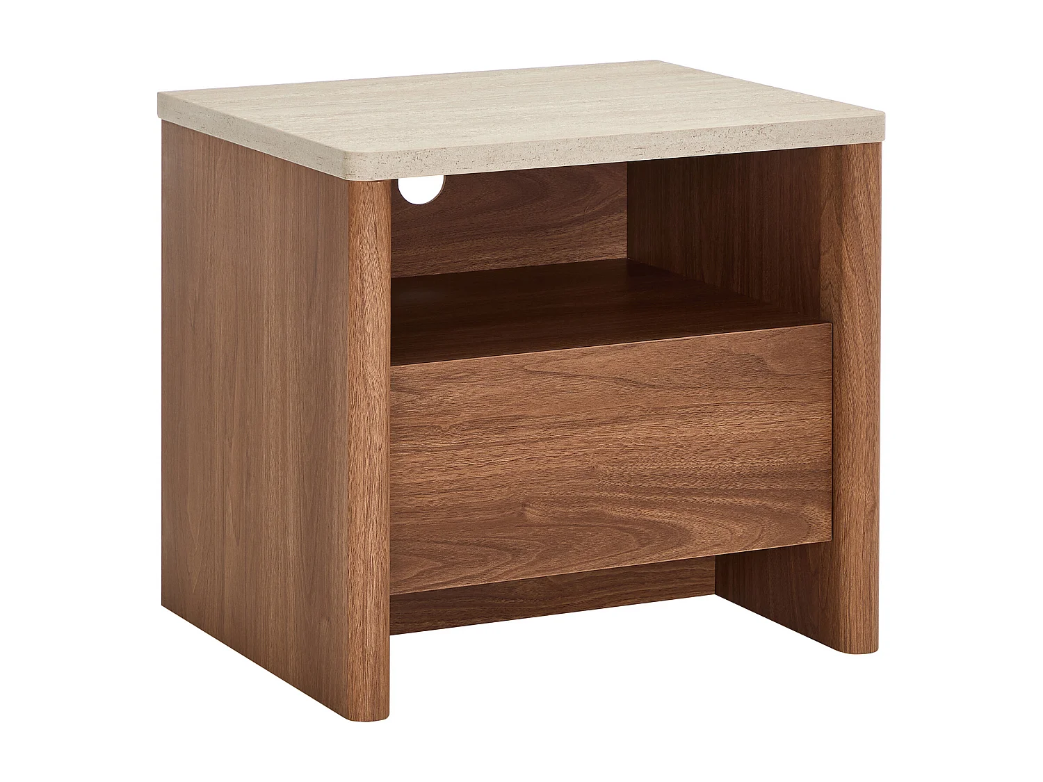 Lot de 2 tables de chevet 1 tiroir et 1 niche - Naturel foncé et effet travertin beige - MODARYO