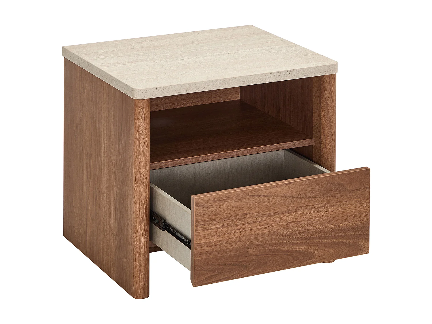 Lot de 2 tables de chevet 1 tiroir et 1 niche - Naturel foncé et effet travertin beige - MODARYO