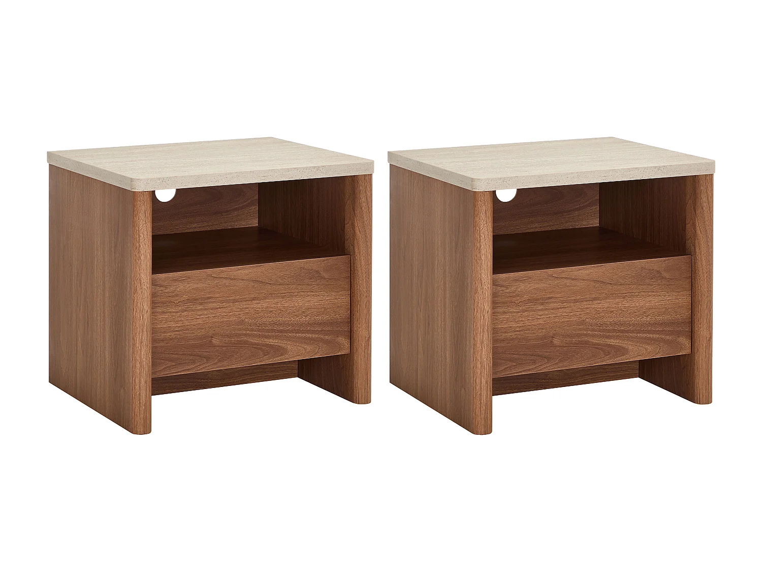 Lot de 2 tables de chevet 1 tiroir et 1 niche - Naturel foncé et effet travertin beige - MODARYO