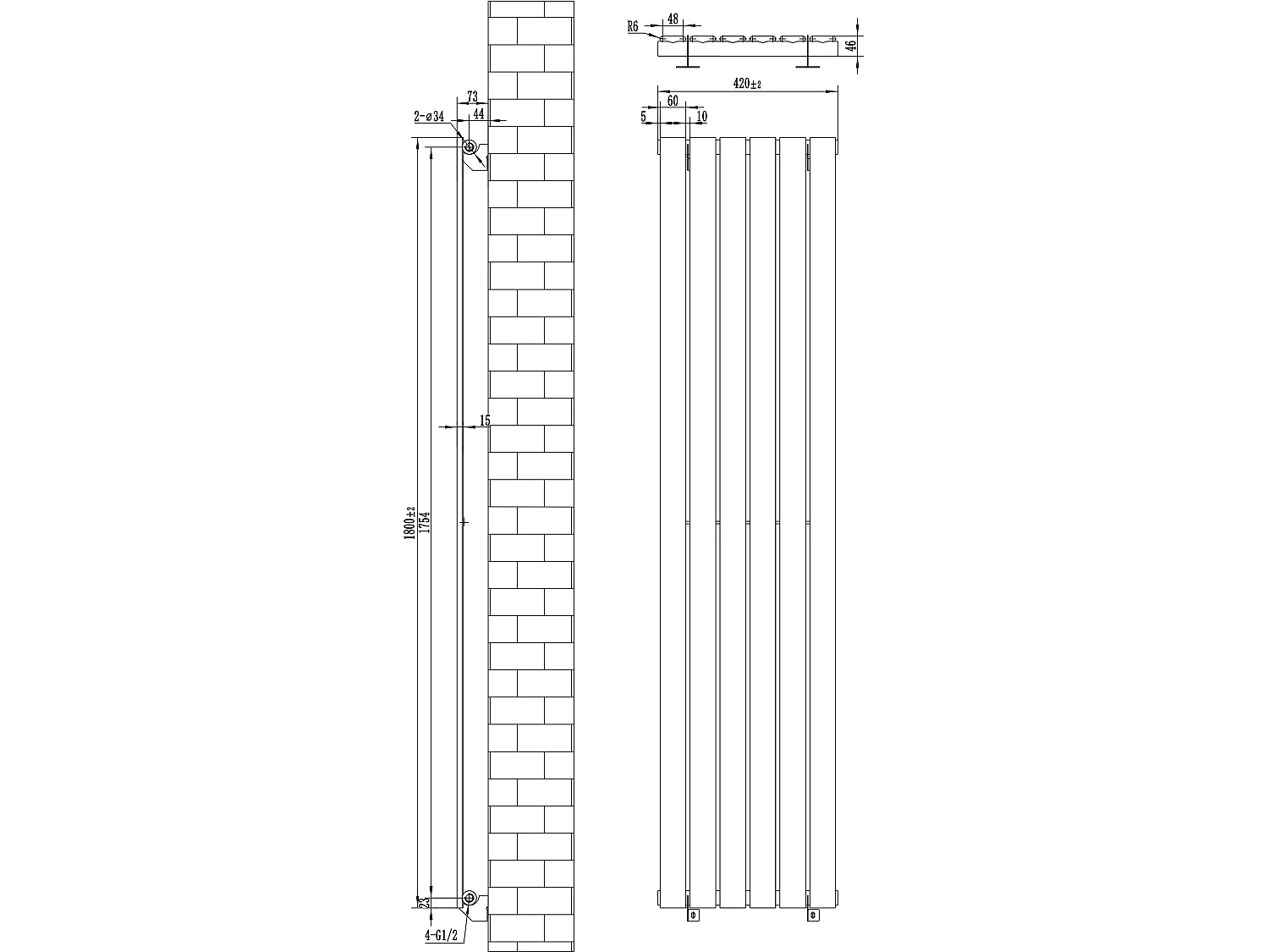 Flat enkeltsøyle-radiator - 1800 x 420 mm - Svart