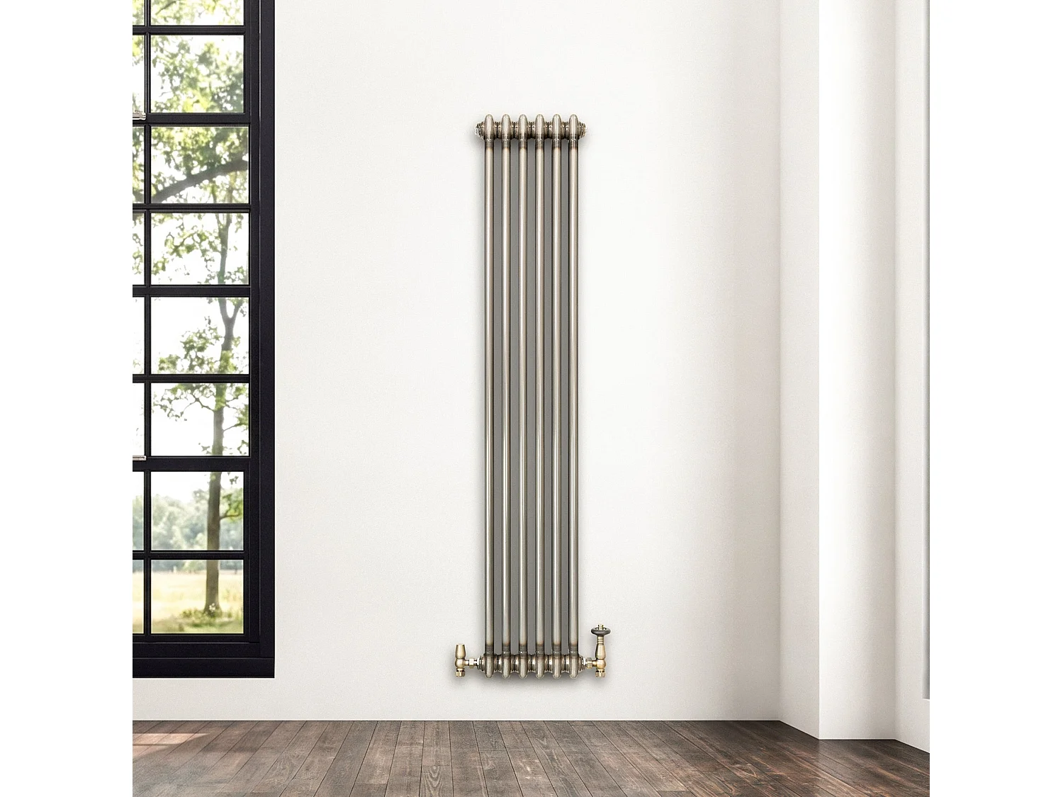 Tradičný 2-stĺpcový radiátor a ventily – 1500 mm x 290 mm – surový kov