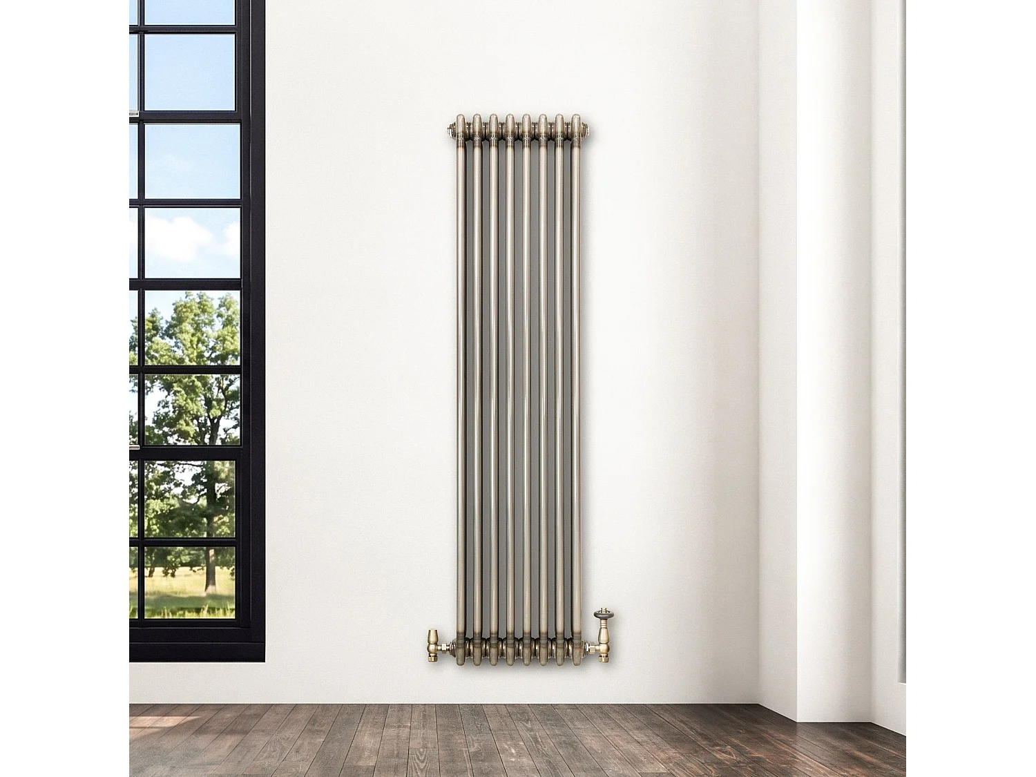 Tradisjonell 3-kolonne radiator og ventiler - 1500 mm x 380 mm - Råmetall
