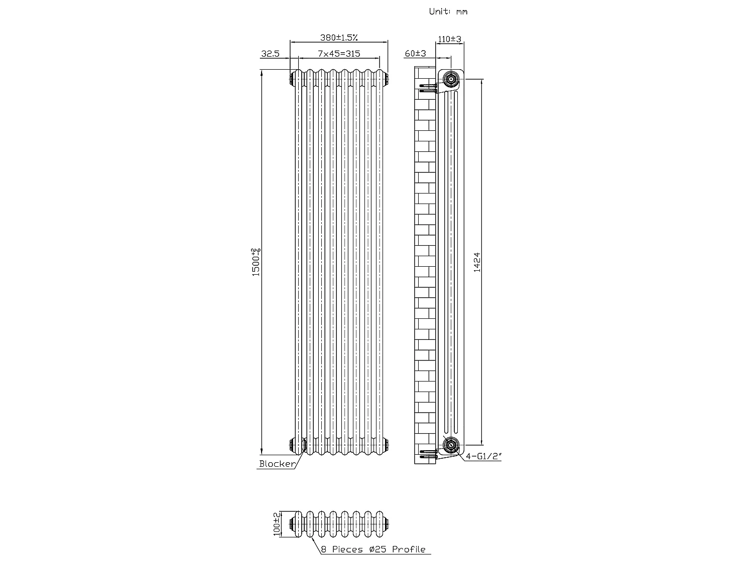 Tradisjonell 3-kolonne radiator og ventiler - 1500 mm x 380 mm - Råmetall