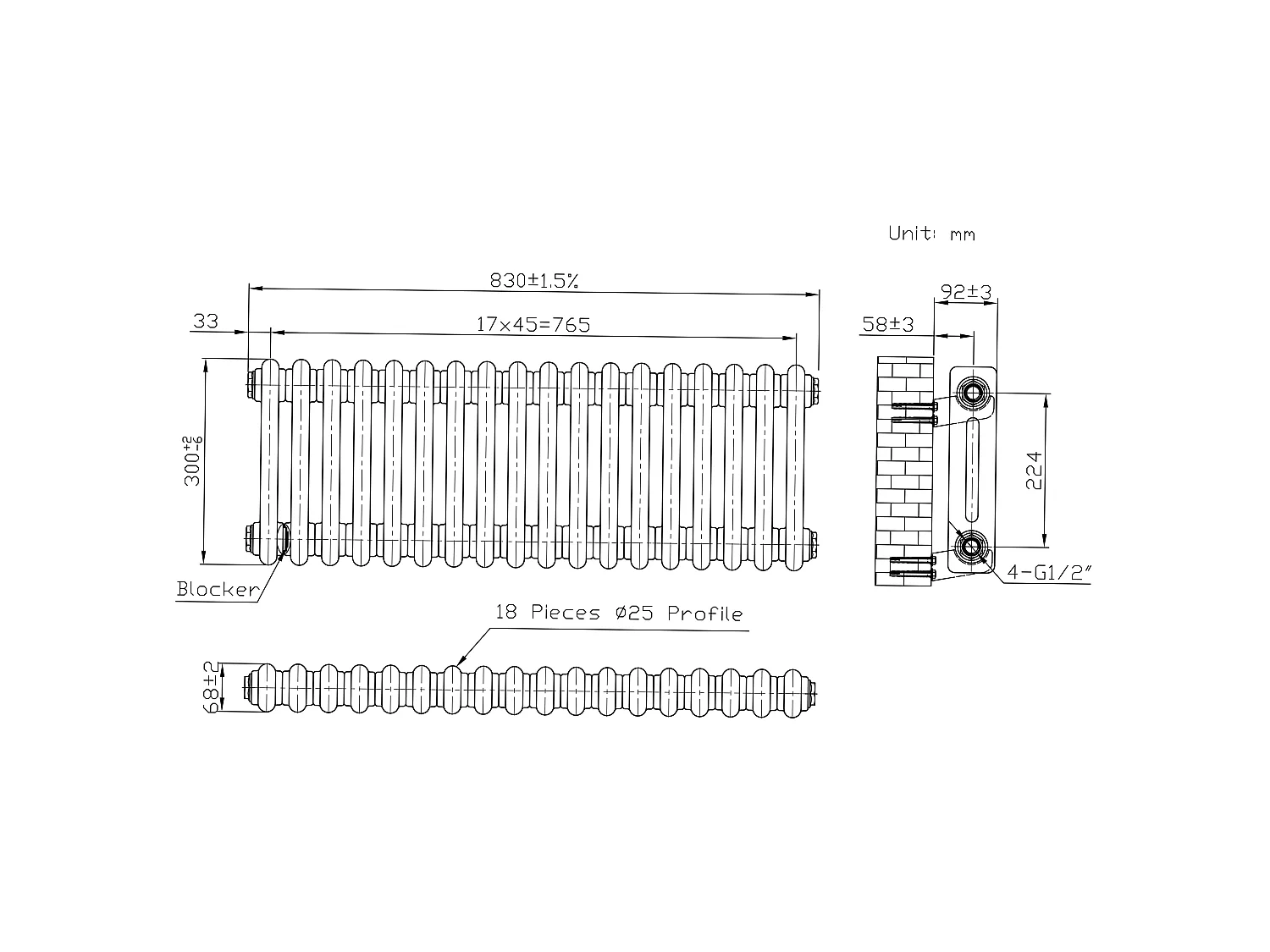 Klassischer 2-Säulen-Heizkörper mit TRV  – 300 x 830 mm – Rohmetall