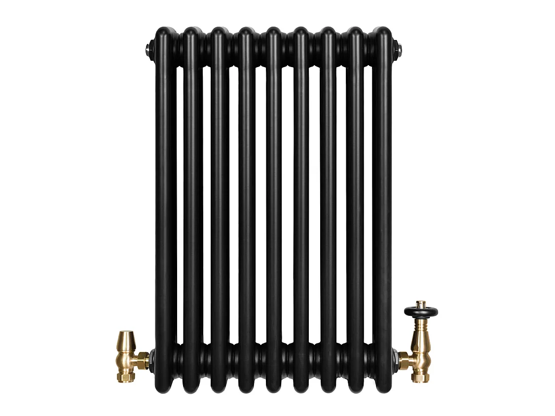 Radiador Horizontal 4 Columnas Negro 600x425 mm con Válvulas Termostáticas  Radiador Tradicional de Acero, 523W,   Incluye Soportes, Kit y Cepillo