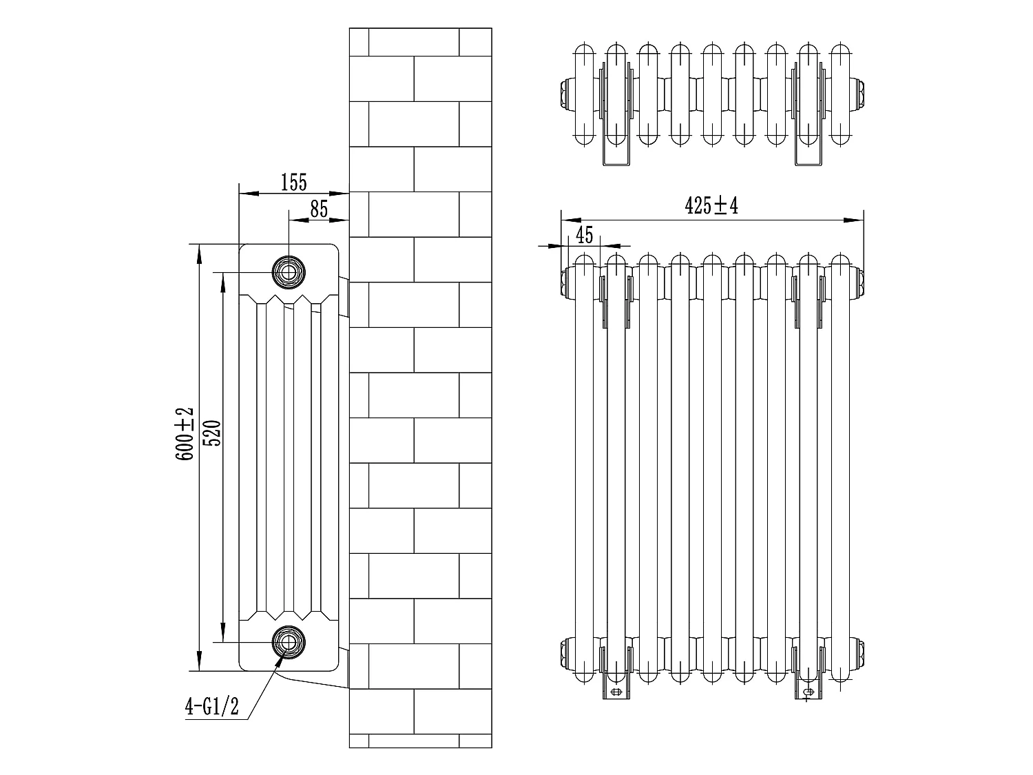 Radiador Horizontal 4 Columnas Negro 600x425 mm con Válvulas Termostáticas  Radiador Tradicional de Acero, 523W,   Incluye Soportes, Kit y Cepillo