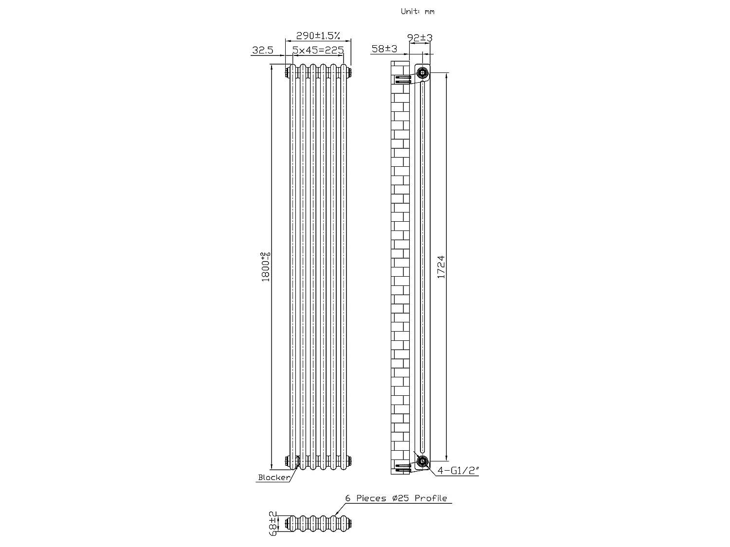 Tradisjonell 2-kolonne radiator - 1800 x 290 mm - Råmetall