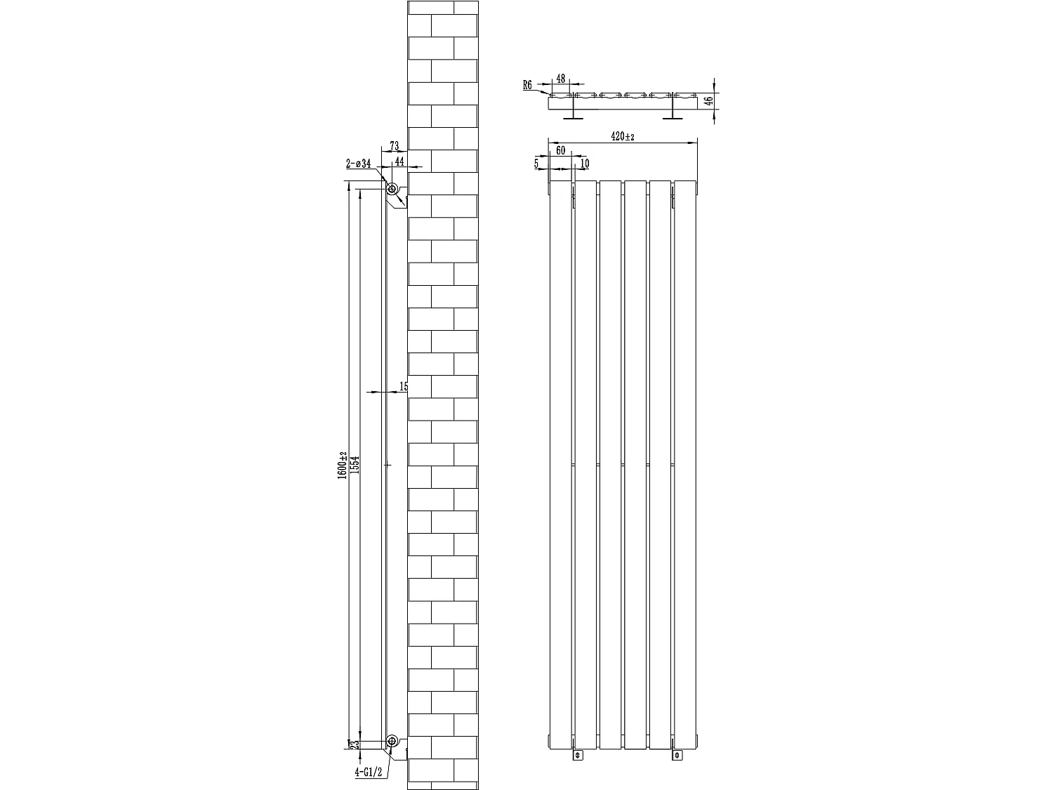 Flat enkeltsøyle-radiator - 1600 x 420 mm - Antrasittgrå