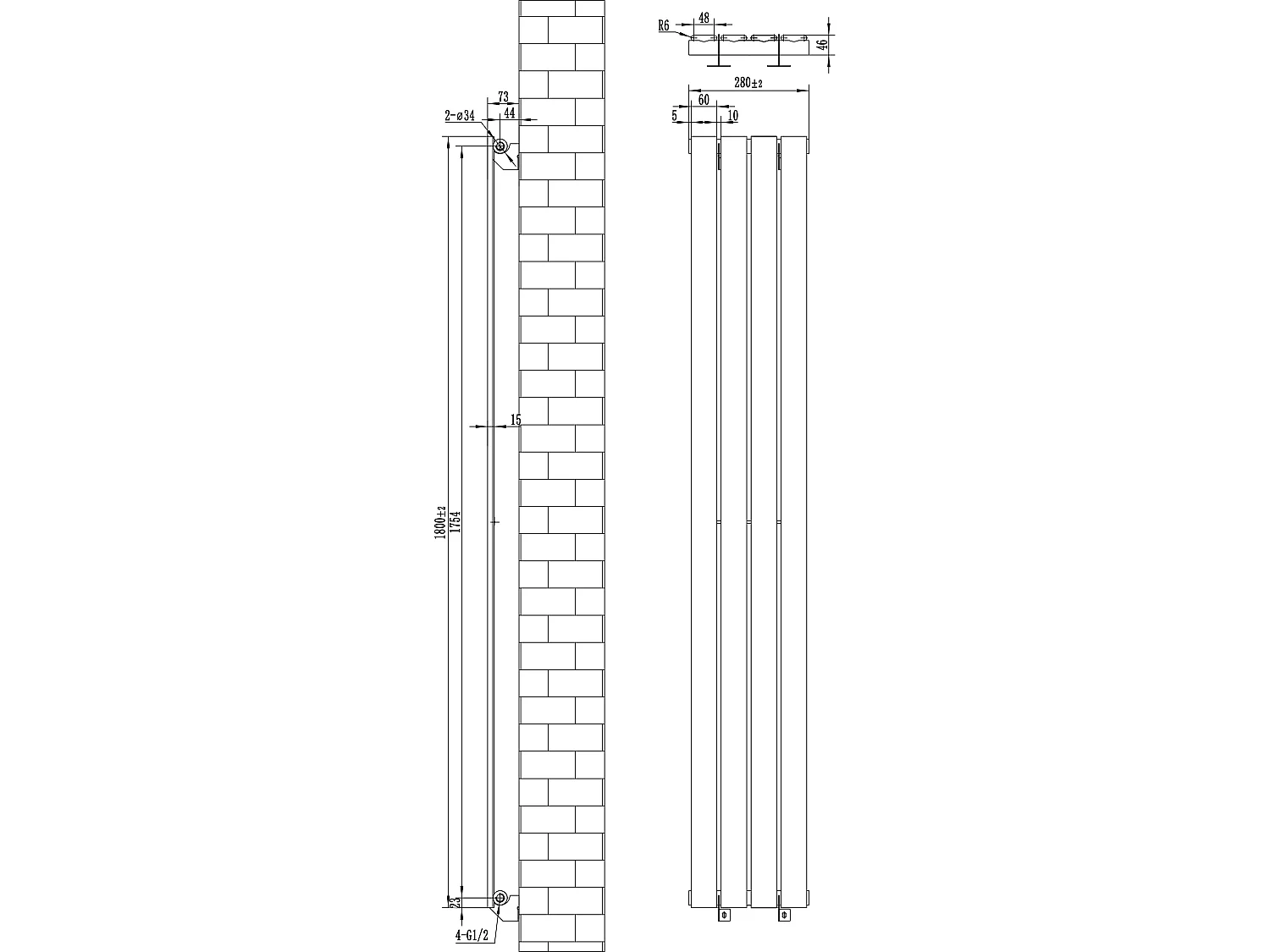 Flat enkeltsøyle-radiator - 1800 x 280 mm - antrasittgrå