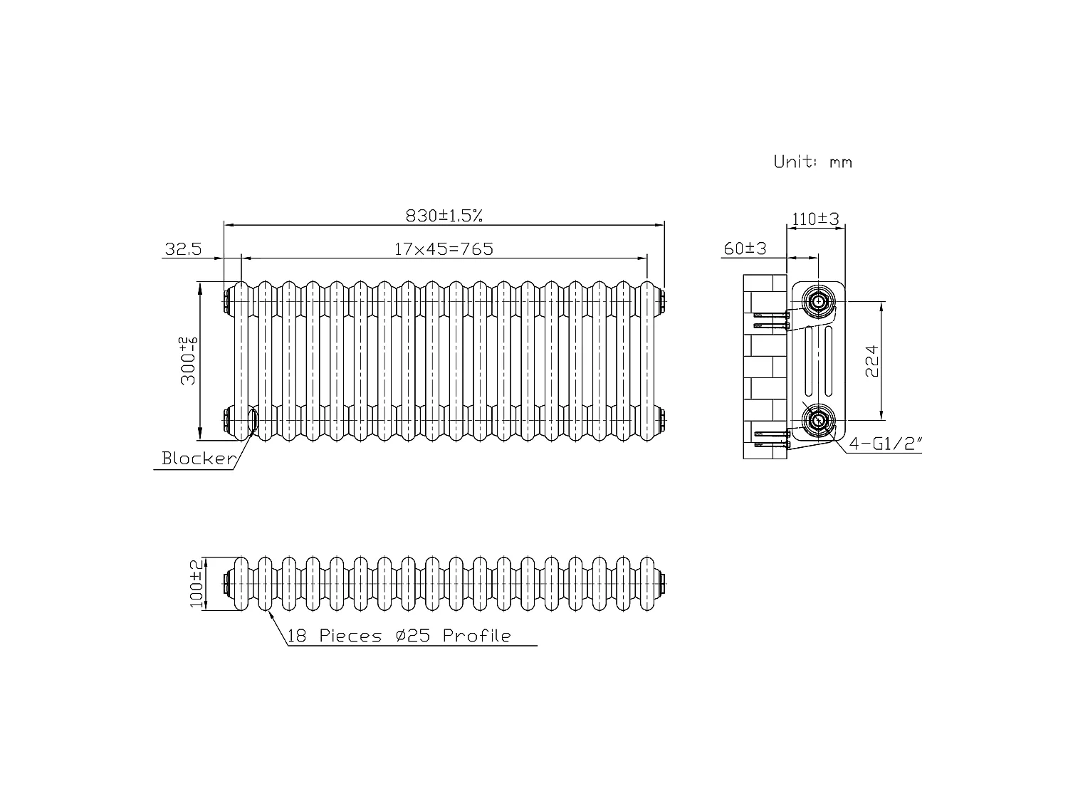 Tradisjonell 3-kolonne radiator - 300 x 650 mm - Råmetall