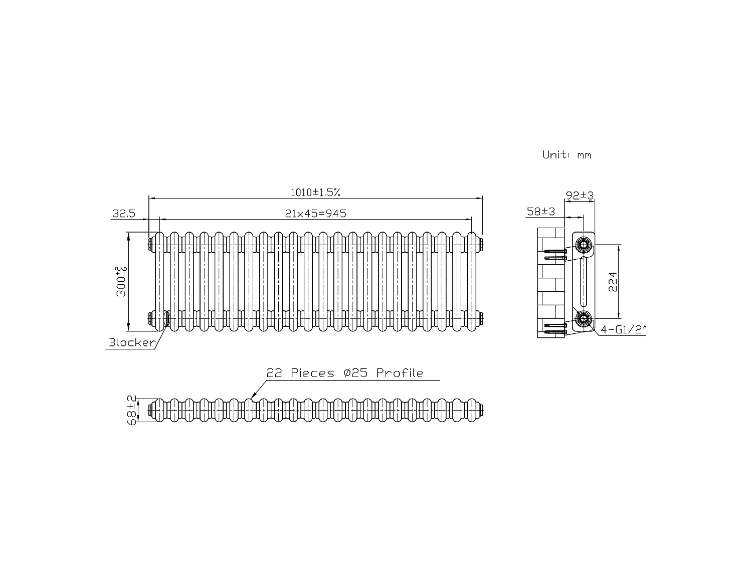 Tradiční 2sloupový radiátor - 300 x 1010 mm - surový kov