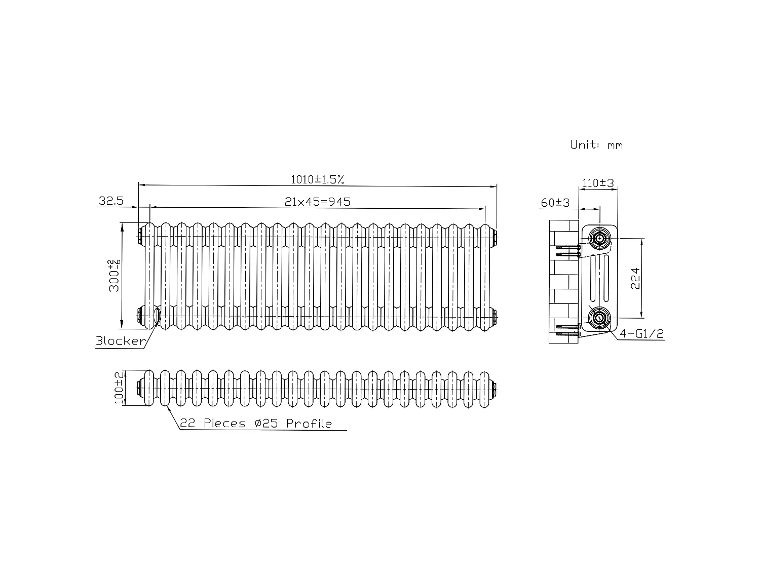 Tradičný 3-stĺpcový radiátor a ventily – 300 mm x 1010 mm – surový kov