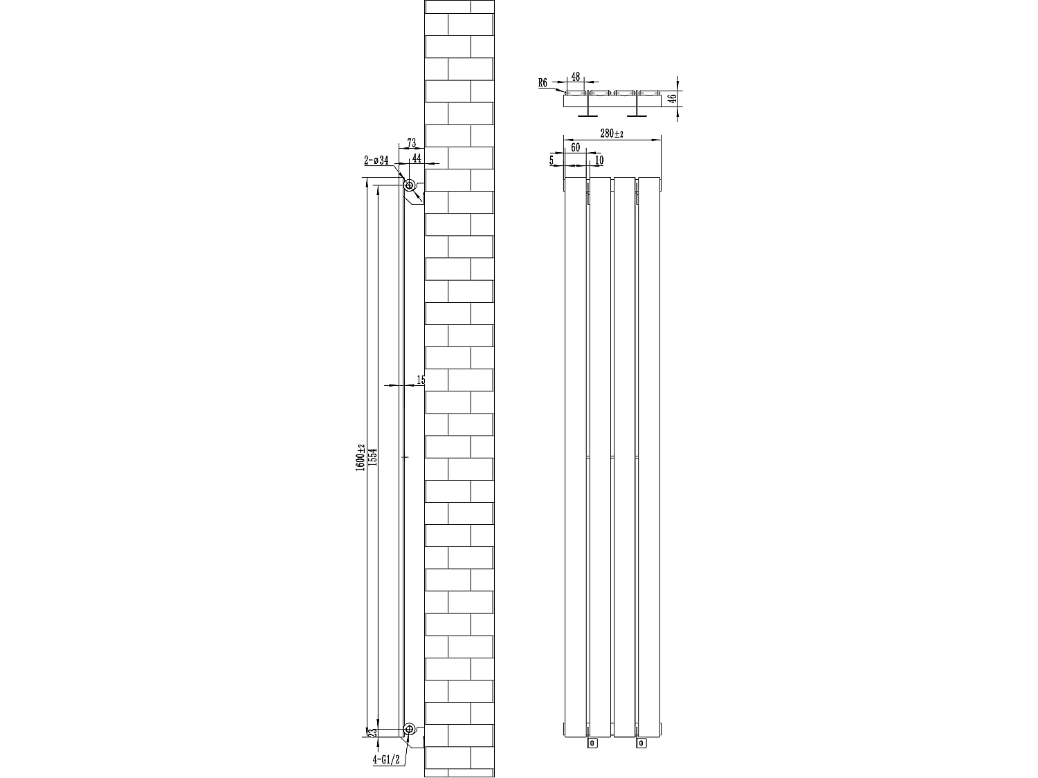 Flat enkeltsøyle-radiator - 1600 x 280 mm - hvit
