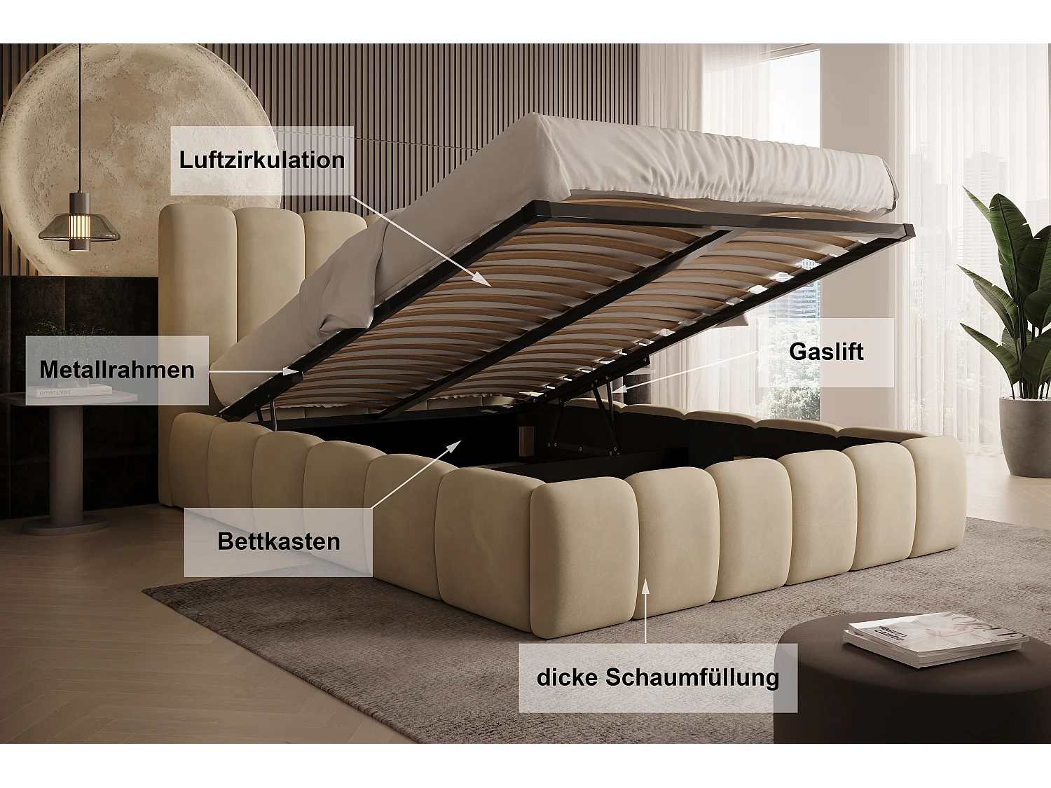Polsterbett Vilo 180x200 mit Bettkasten und Stabilem Metallgestell