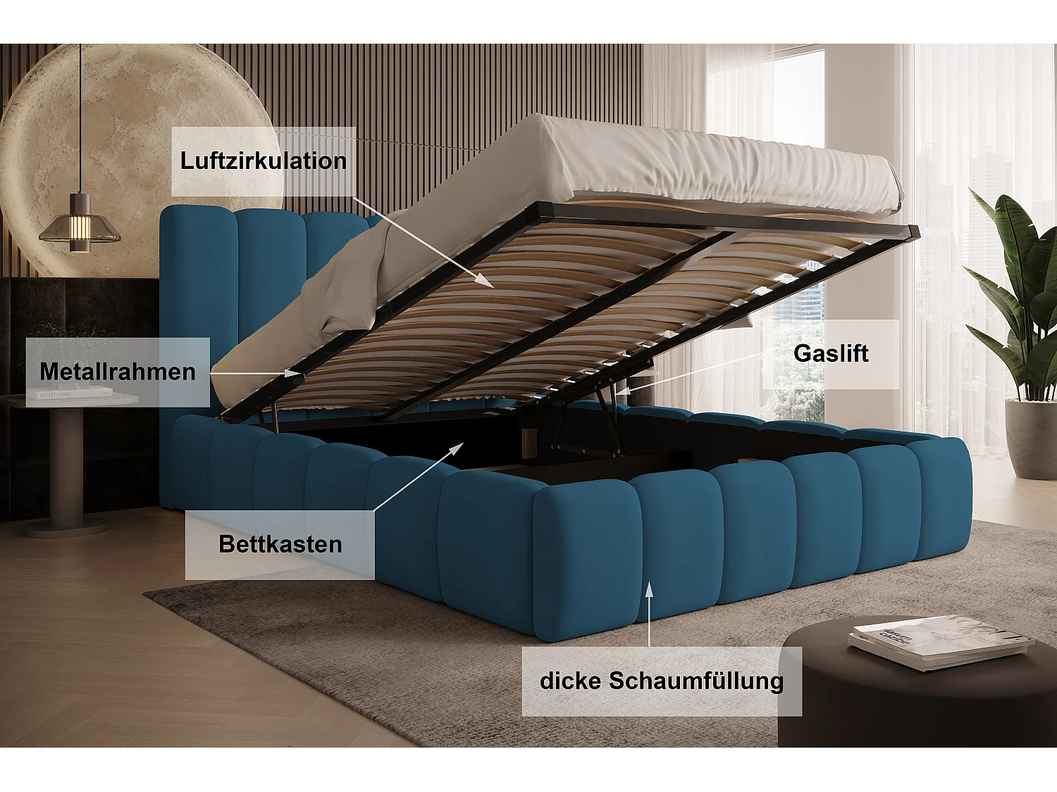 Polsterbett Vilo 140x200 mit Bettkasten und Stabilem Metallgestell