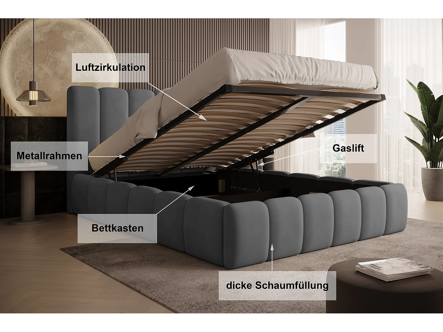 Polsterbett Vilo 200x200 mit Bettkasten und Stabilem Metallgestell