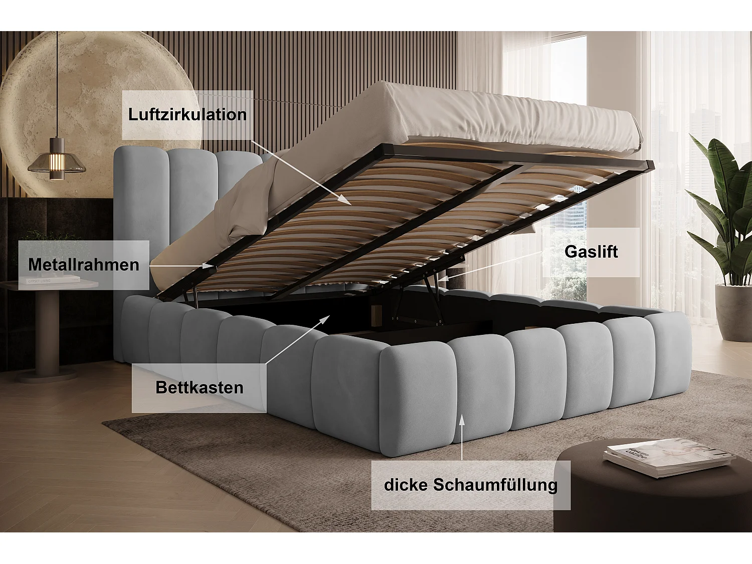 Polsterbett Vilo 140x200 mit Bettkasten und Stabilem Metallgestell