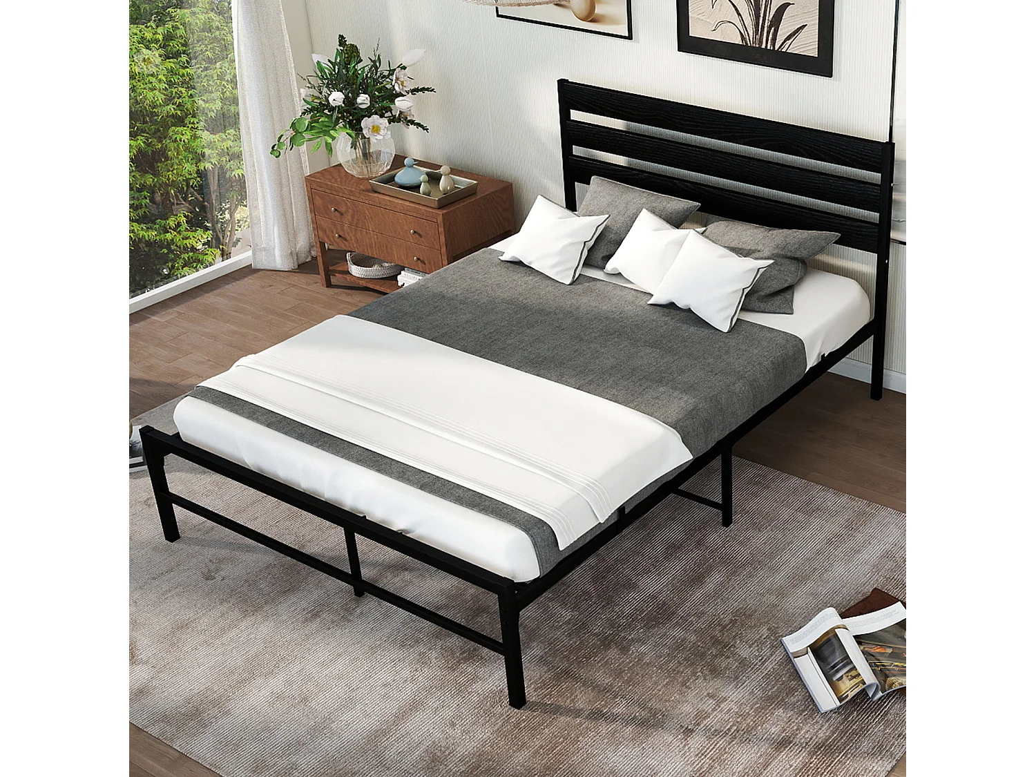 Lit adulte 140x200 cm en métal et MDF noir avec tête de lit, sommier à lattes, sans matelas