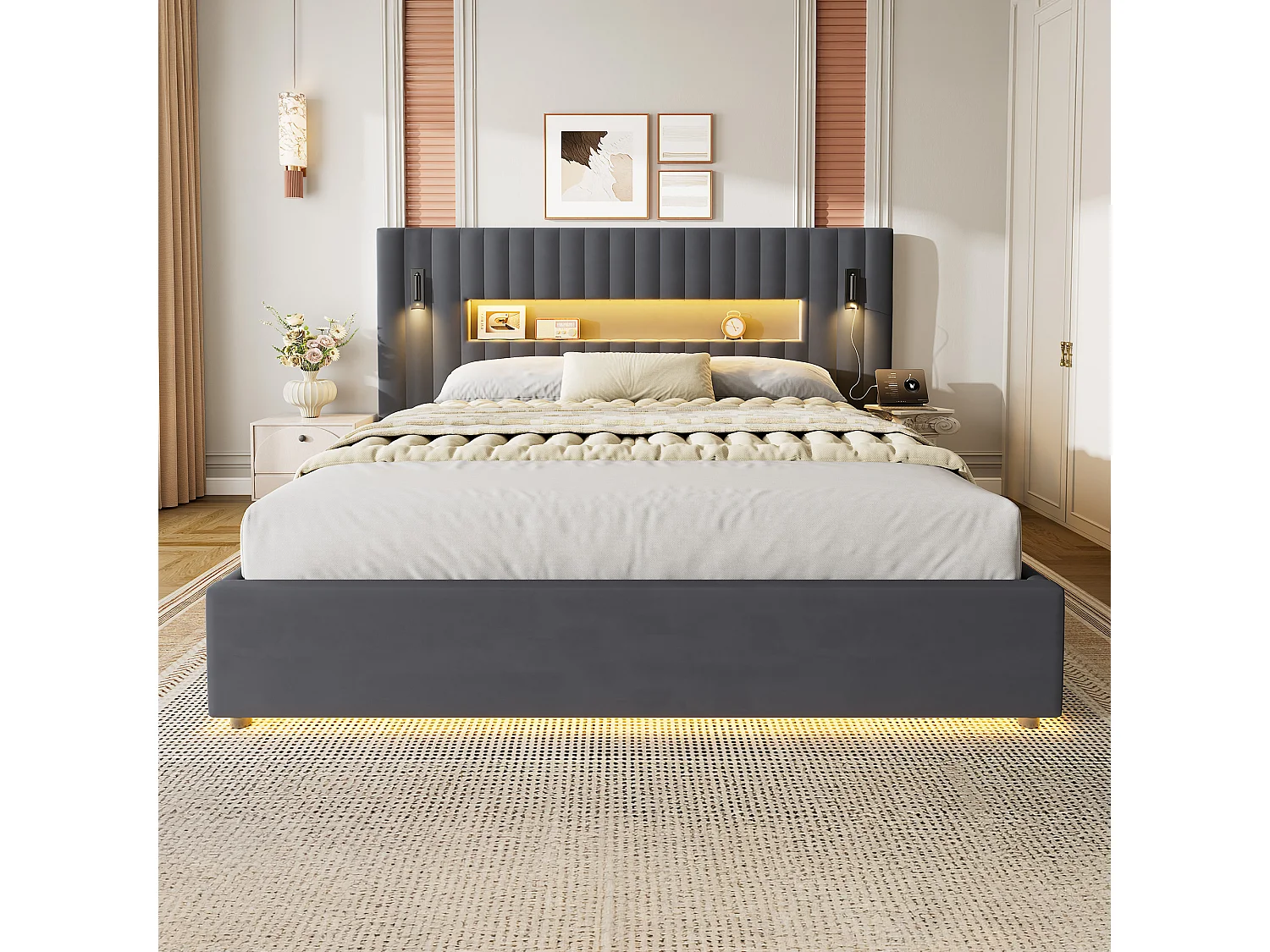 Letto contenitore 180x200 cm in velluto grigio scuro con LED, lampade da lettura regolabili e porte USB, senza materasso