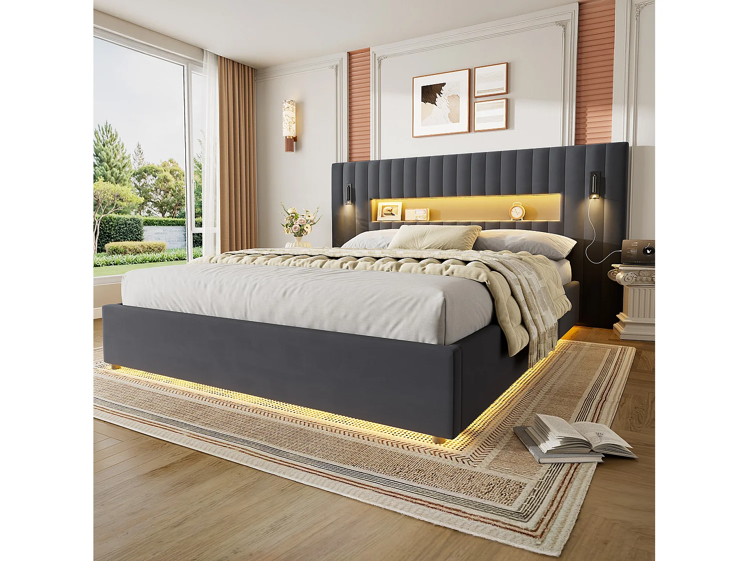 Letto contenitore 180x200 cm in velluto grigio scuro con LED, lampade da lettura regolabili e porte USB, senza materasso