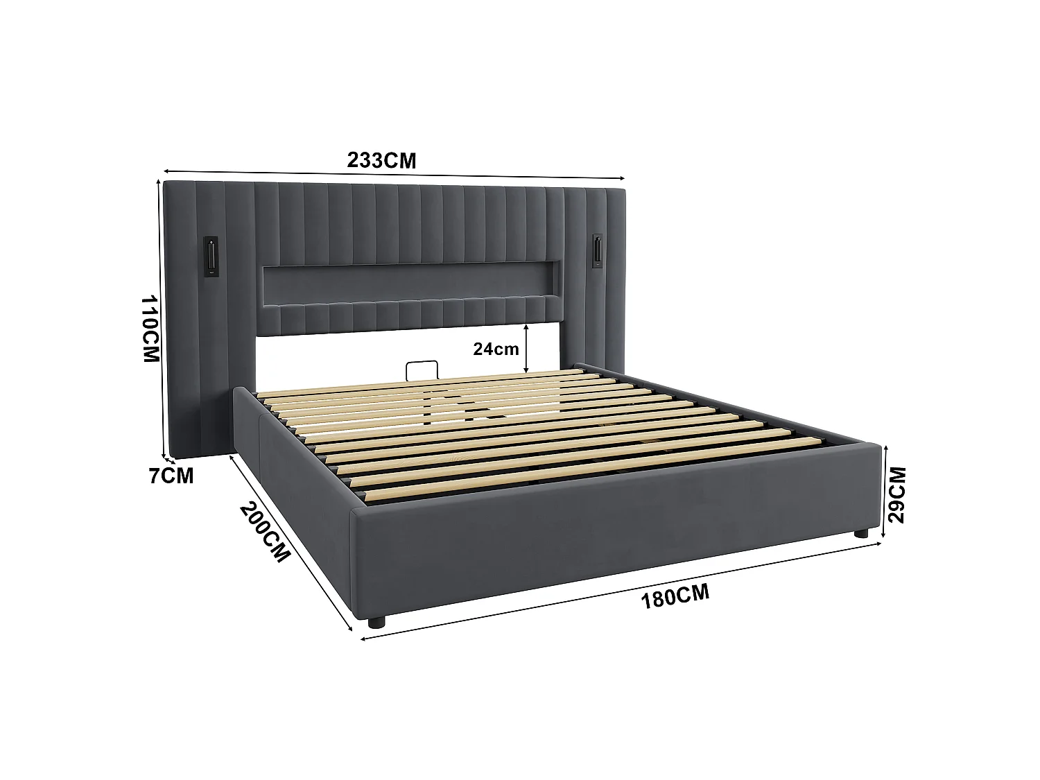 Letto contenitore 180x200 cm in velluto grigio scuro con LED, lampade da lettura regolabili e porte USB, senza materasso