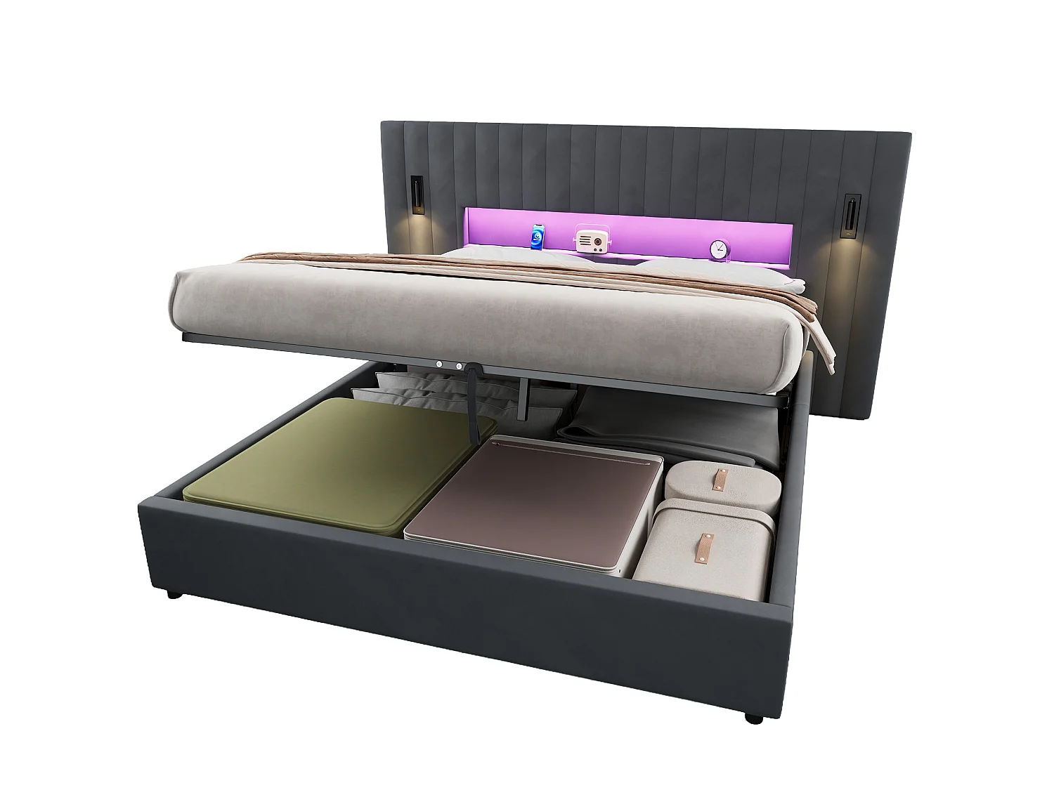 Letto contenitore 180x200 cm in velluto grigio scuro con LED, lampade da lettura regolabili e porte USB, senza materasso