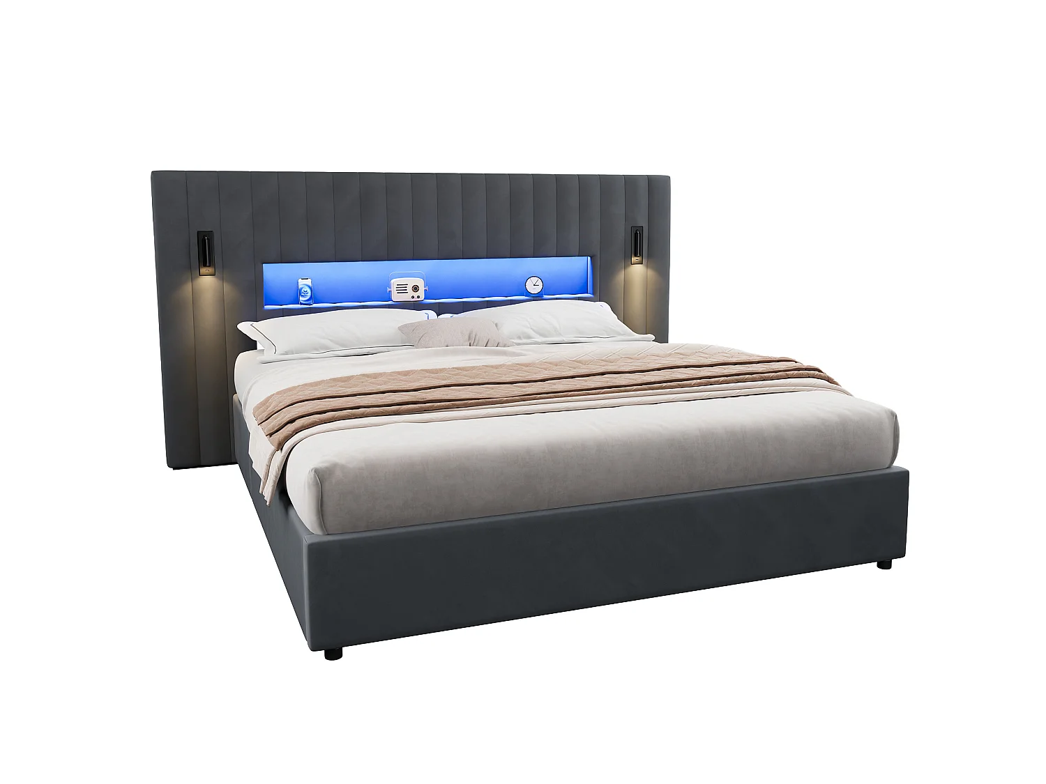 Letto contenitore 180x200 cm in velluto grigio scuro con LED, lampade da lettura regolabili e porte USB, senza materasso