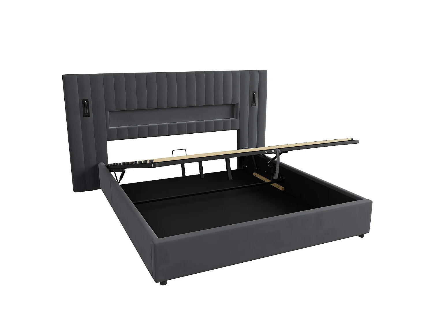 Letto contenitore 180x200 cm in velluto grigio scuro con LED, lampade da lettura regolabili e porte USB, senza materasso
