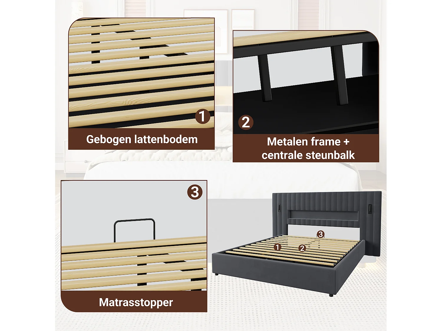 Letto contenitore 180x200 cm in velluto grigio scuro con LED, lampade da lettura regolabili e porte USB, senza materasso