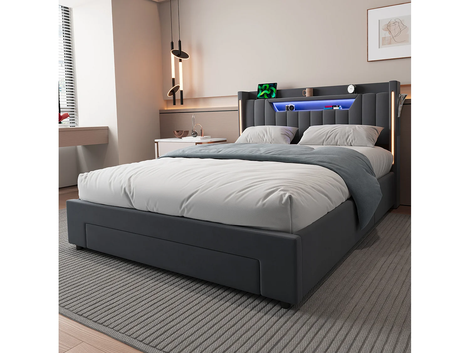 Letto contenitore 140x200 cm in velluto grigio scuro con cassetto e testiera regolabile LED, senza materasso