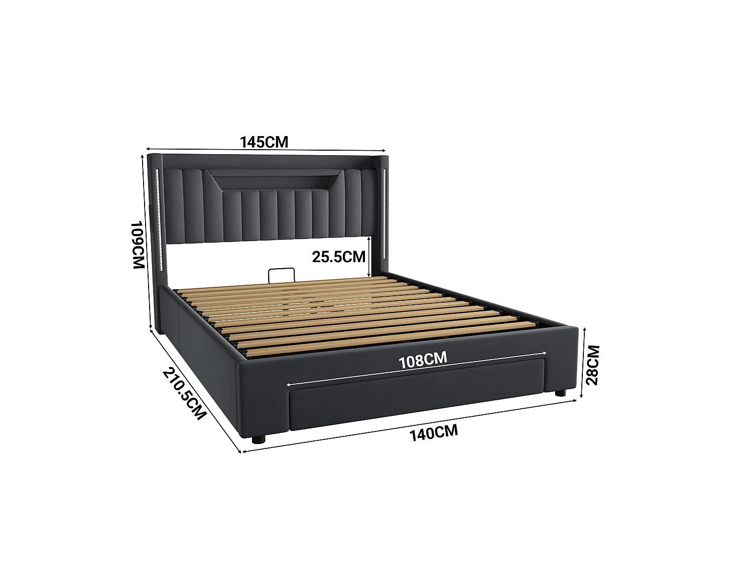 Letto contenitore 140x200 cm in velluto grigio scuro con cassetto e testiera regolabile LED, senza materasso