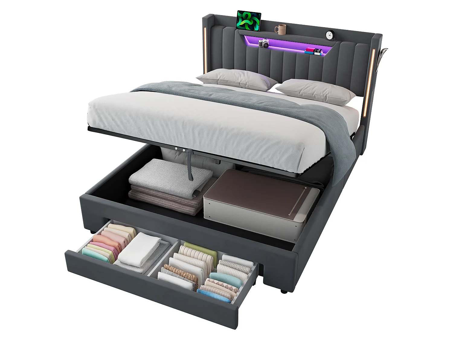 Letto contenitore 140x200 cm in velluto grigio scuro con cassetto e testiera regolabile LED, senza materasso
