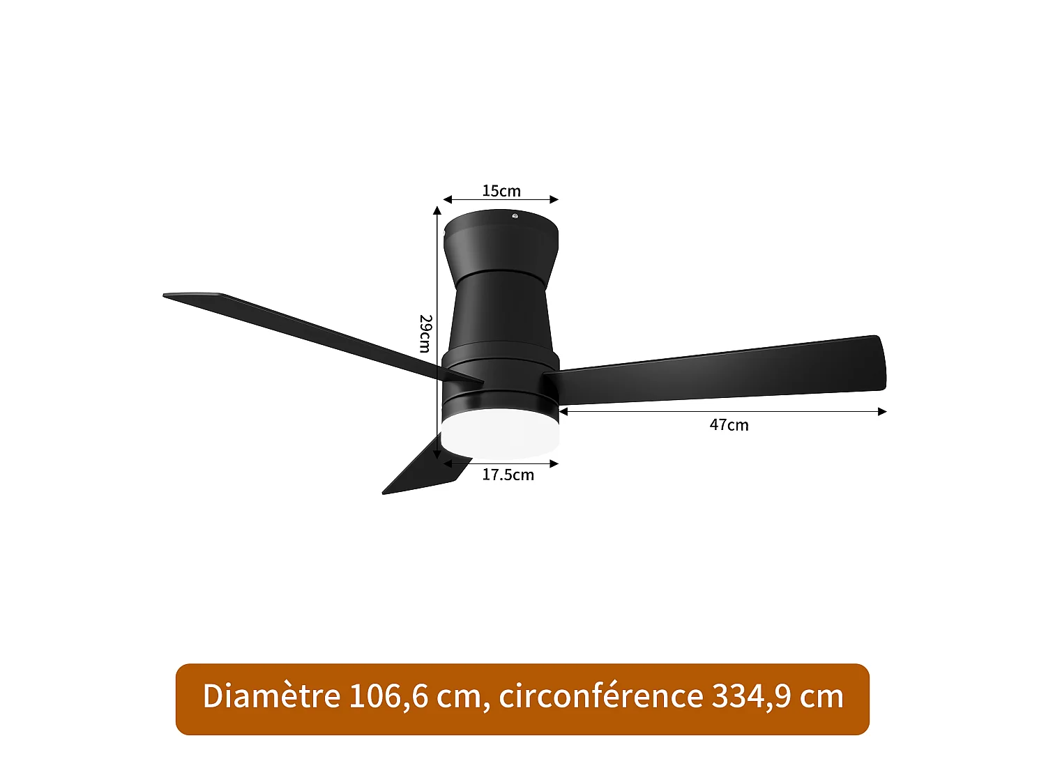 Ventilateur de plafond 42 pouces avec LED, 3 pales noir, ventilateur plafond silencieux 2 en 1