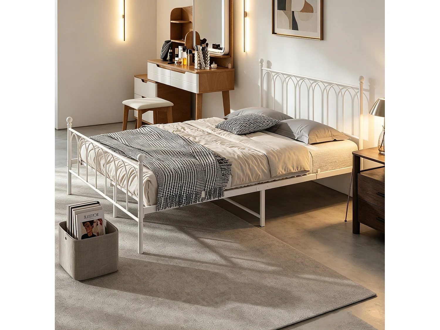 Doppelbett 140x200 cm, Lattenrost, Gestell aus weißem Metall, ohne Matratze
