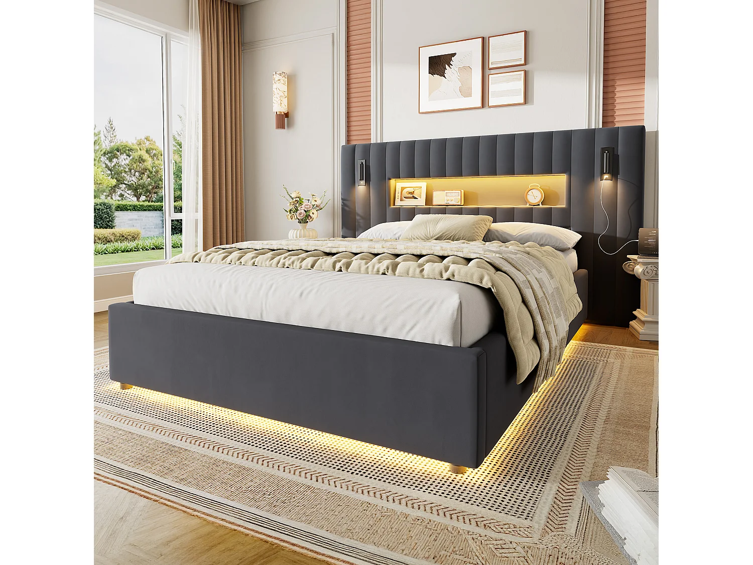 Letto contenitore 140x200 cm in velluto grigio scuro con LED, lampade da lettura regolabili e porte USB, senza materasso