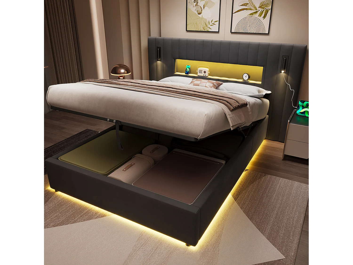 Letto contenitore 140x200 cm in velluto grigio scuro con LED, lampade da lettura regolabili e porte USB, senza materasso