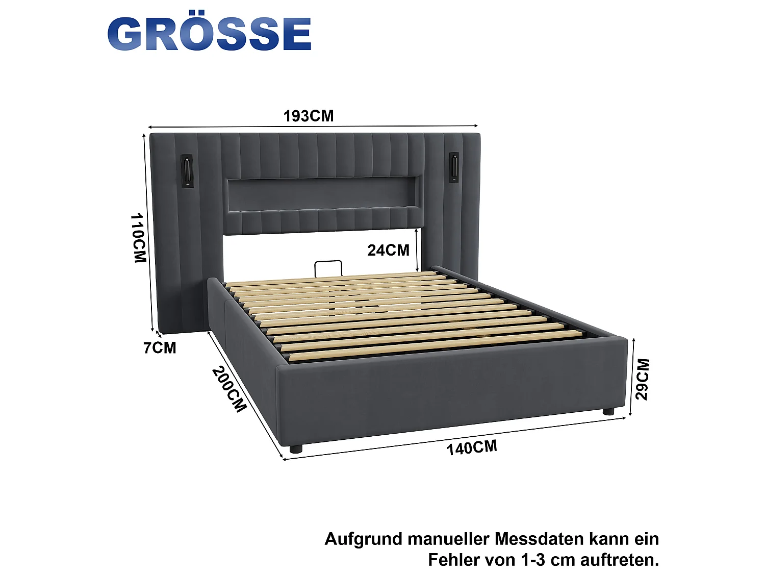 Letto contenitore 140x200 cm in velluto grigio scuro con LED, lampade da lettura regolabili e porte USB, senza materasso