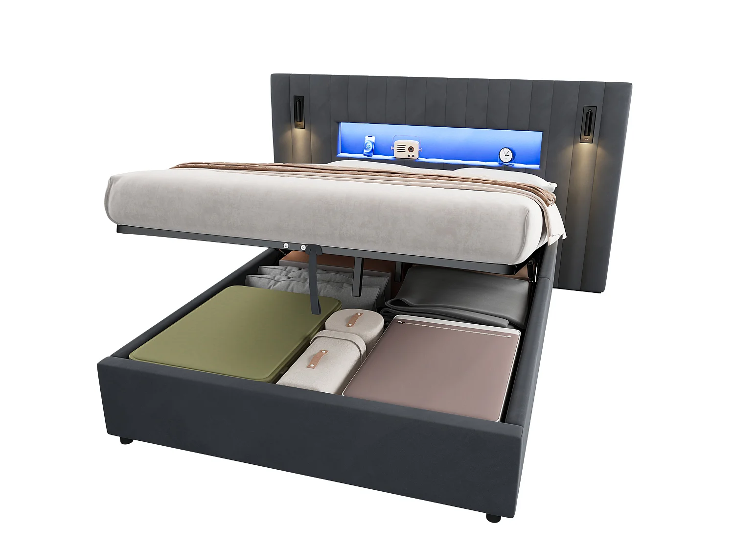 Letto contenitore 140x200 cm in velluto grigio scuro con LED, lampade da lettura regolabili e porte USB, senza materasso